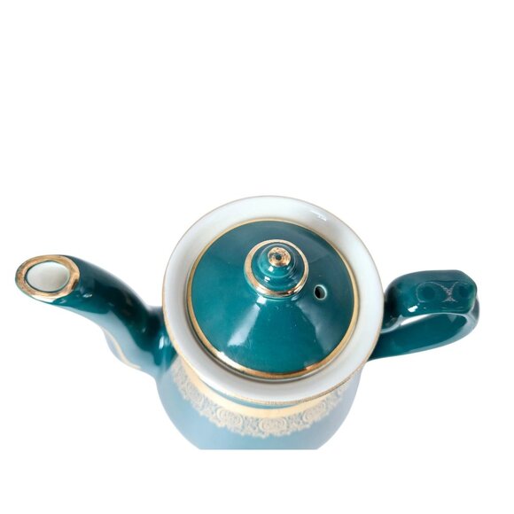 Vintage Hall Philadelphia Teapot Teal Green Ornate Gold Trim Design 6 Cup - Picture 3 of 5